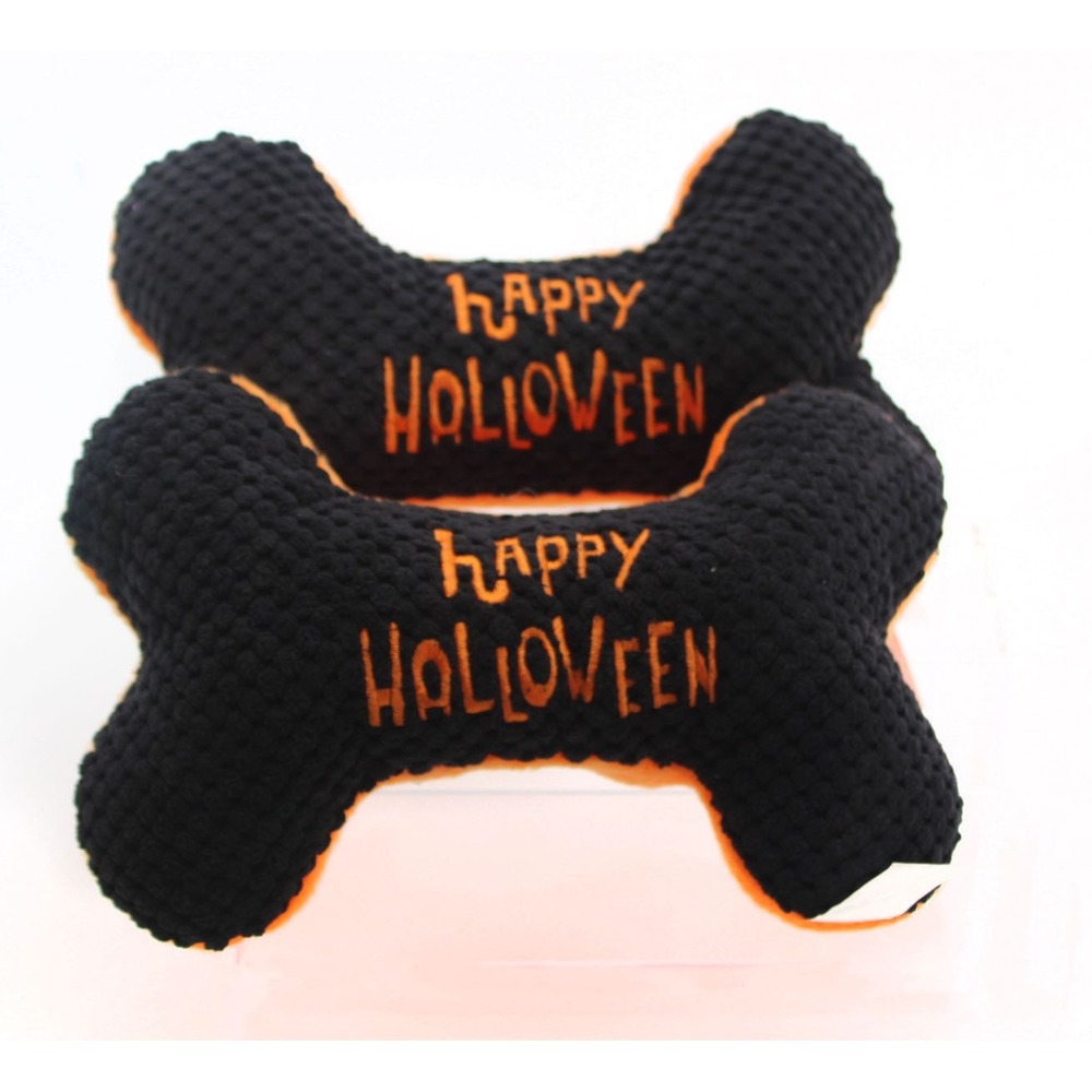 Happy Holloween Plush Dog Toy Bone Set Black Orange Textured Squeaky 2 Pack